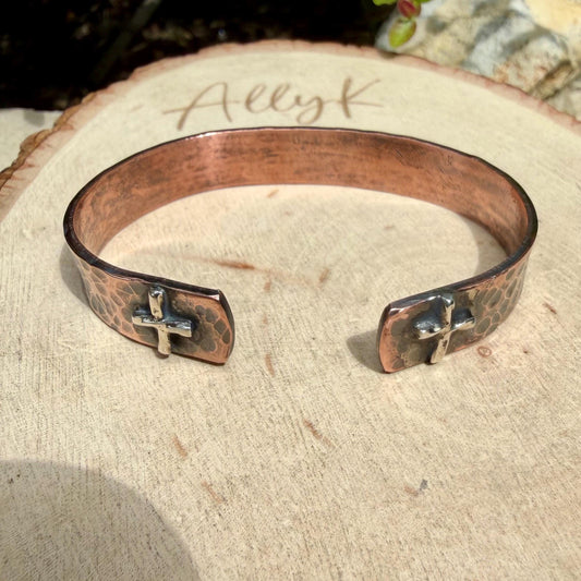 Copper Reverse Cuff with Sterling Cross Ends • Hammered Copper Bracelet • Western Faith Jewelry