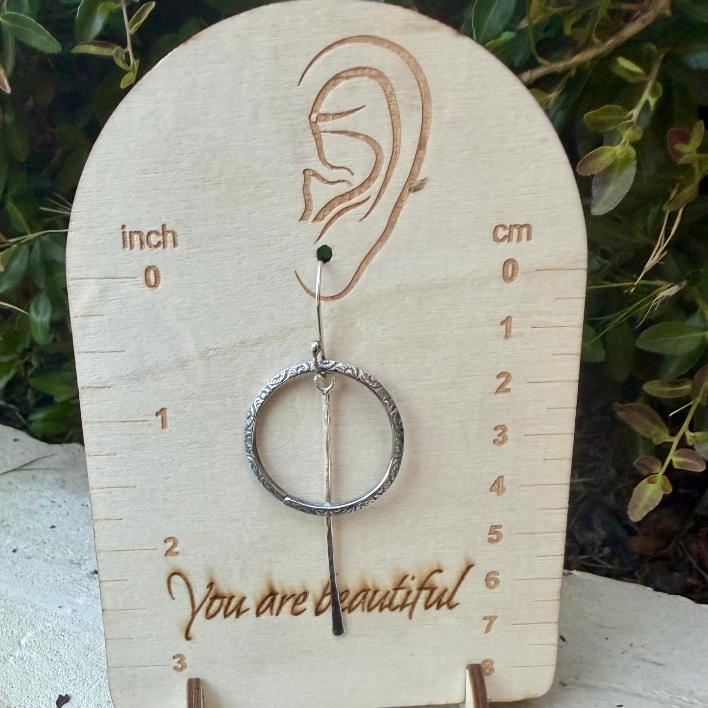 Rustic Sterling Silver Circle Dangle Earrings • Long Drop Style