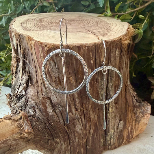Rustic Sterling Silver Circle Dangle Earrings • Long Drop Style