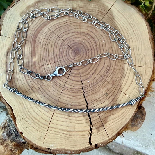 Sterling Silver Bar Necklace • Hand‑Forged Twisted Bar • Rustic Chain