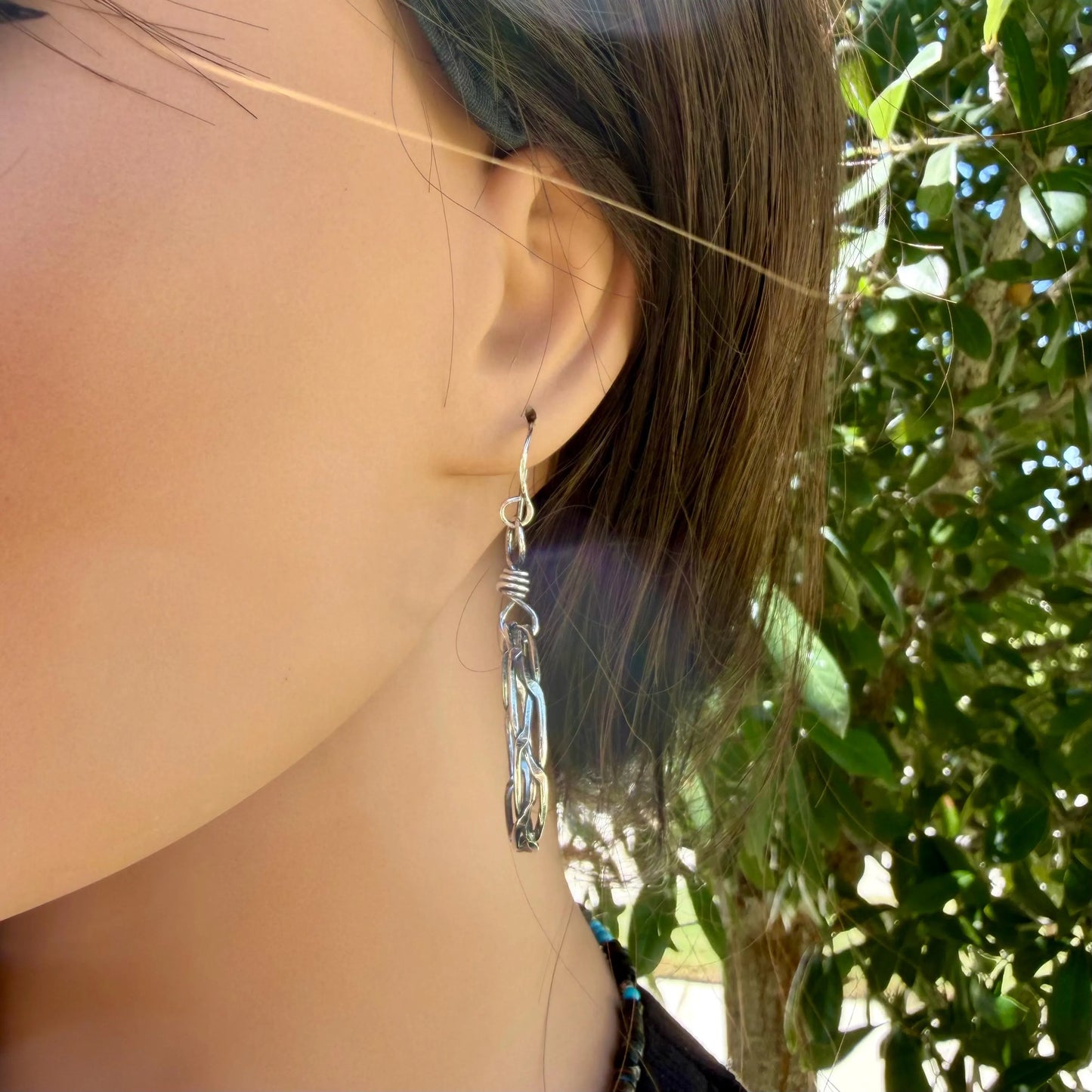 Rustic Silver Hoop Earrings • Argentium Braided Wire • 2 Inch Drop
