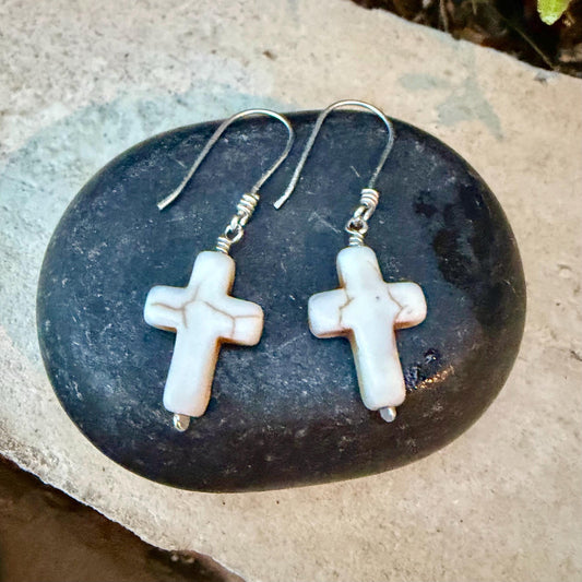 White Turquoise Howlite Cross Earrings • Sterling Silver Southwestern Jewelry