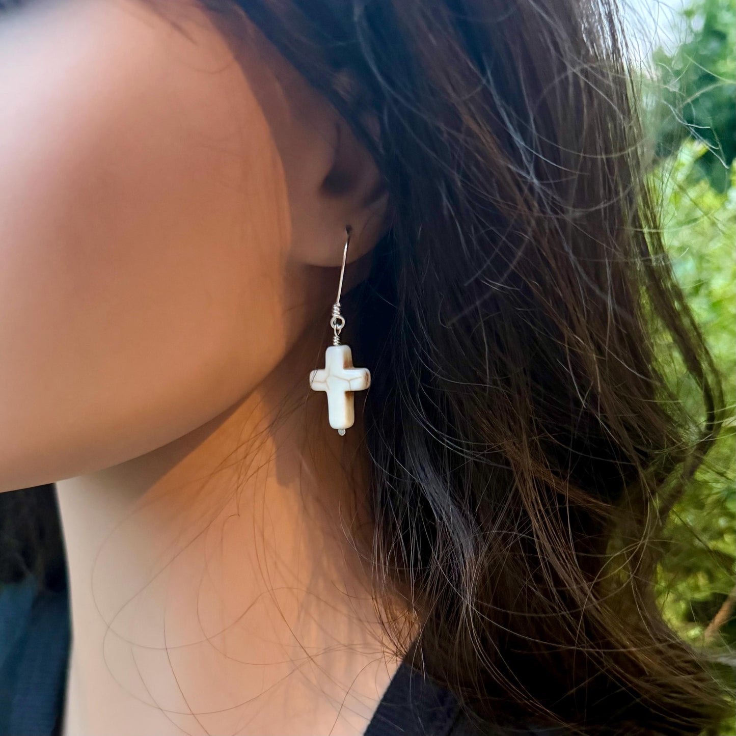White Turquoise Howlite Cross Earrings • Sterling Silver Southwestern Jewelry