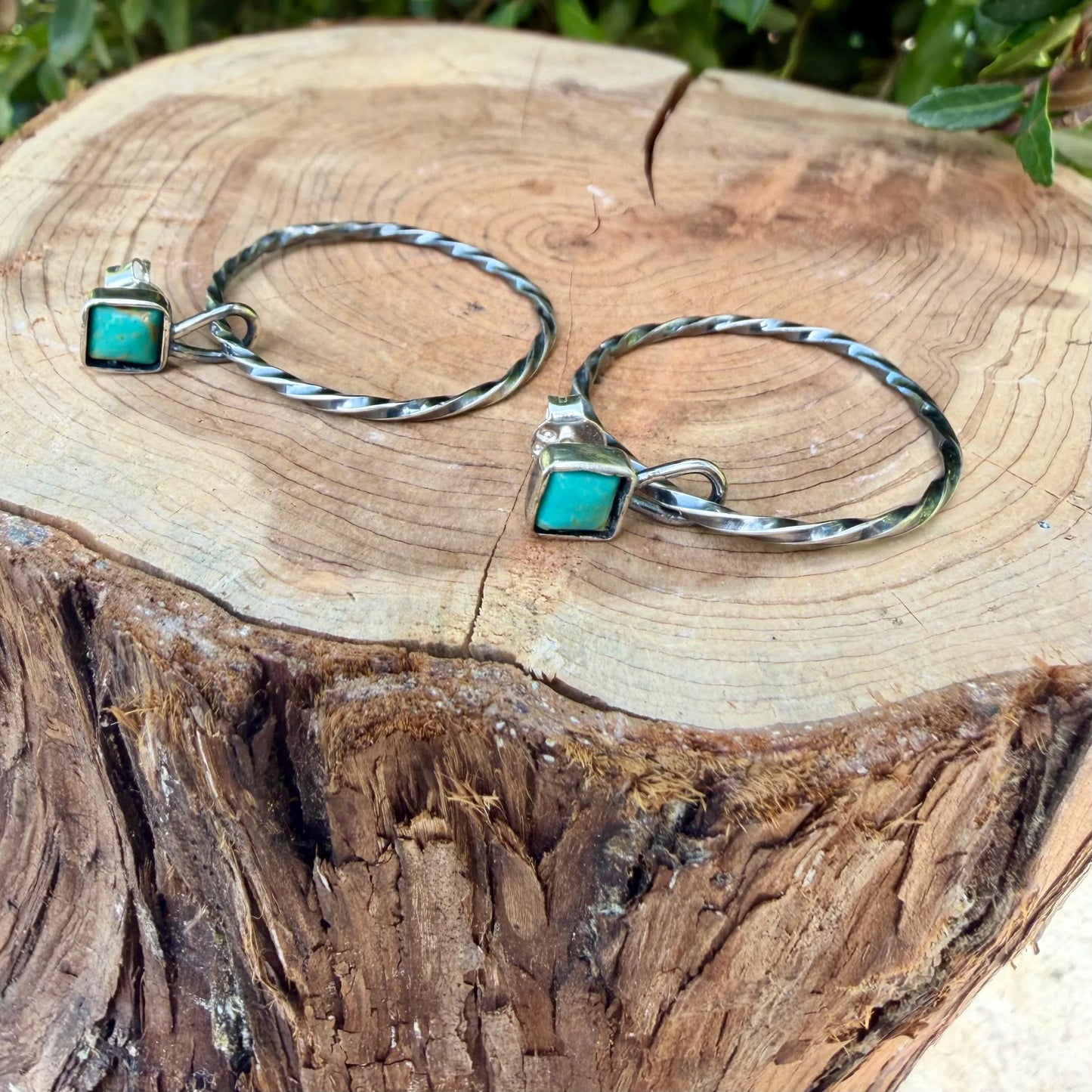 Turquoise Post Hoop Earrings • Sterling Silver • Kingman Blue or Green Square Turquoise