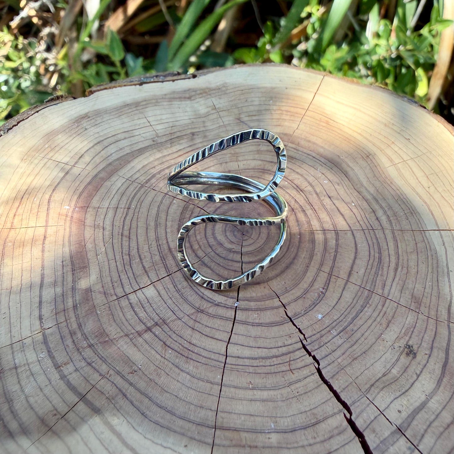 Sterling Loop Ring • Double Loop • Rustic Textured Adjustable Openwork Band