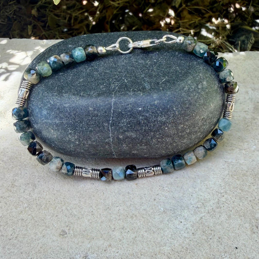 Blue Tourmaline Cube Bracelet • 4mm Stones • Bali Silver Accents