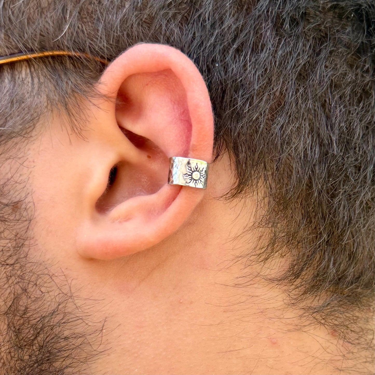 Sterling Silver Southwest Sun Hammered Ear Cuff | Wide Conch Band | No-Piercing Earring