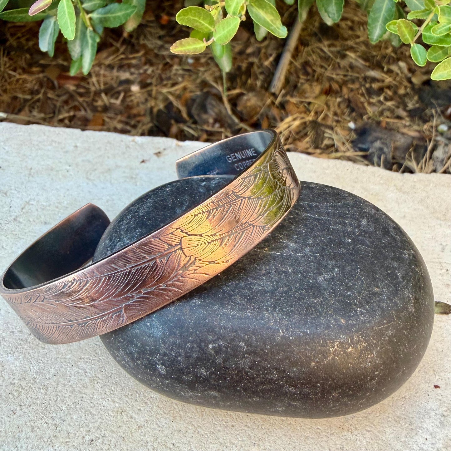 Feather Embossed Copper Cuff • Rustic Raw Copper Bracelet • Hand‑Forged Southwestern Jewelry