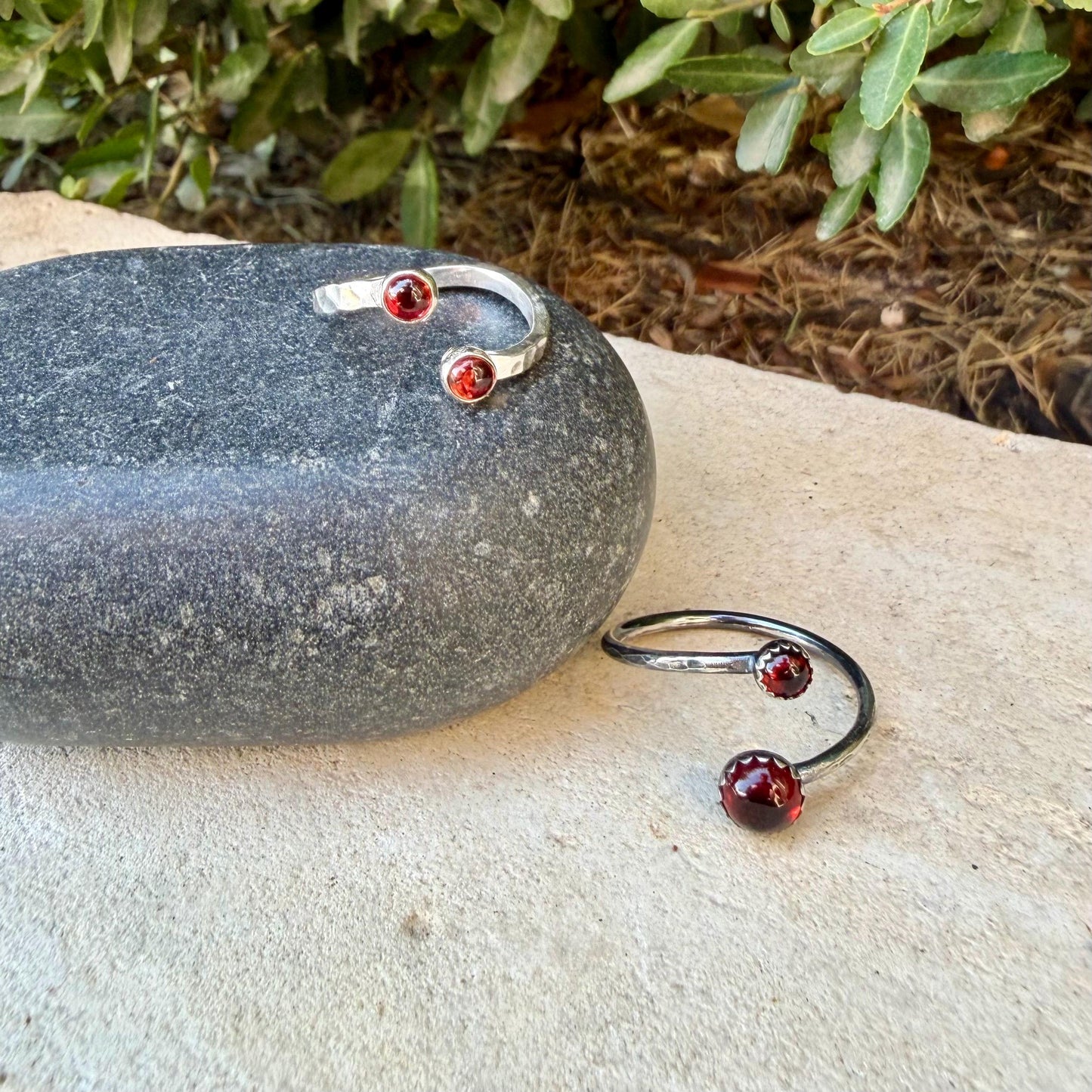 Garnet Sterling Silver Ring • Adjustable Double Bezel • Deep Red Garnet Cabochon