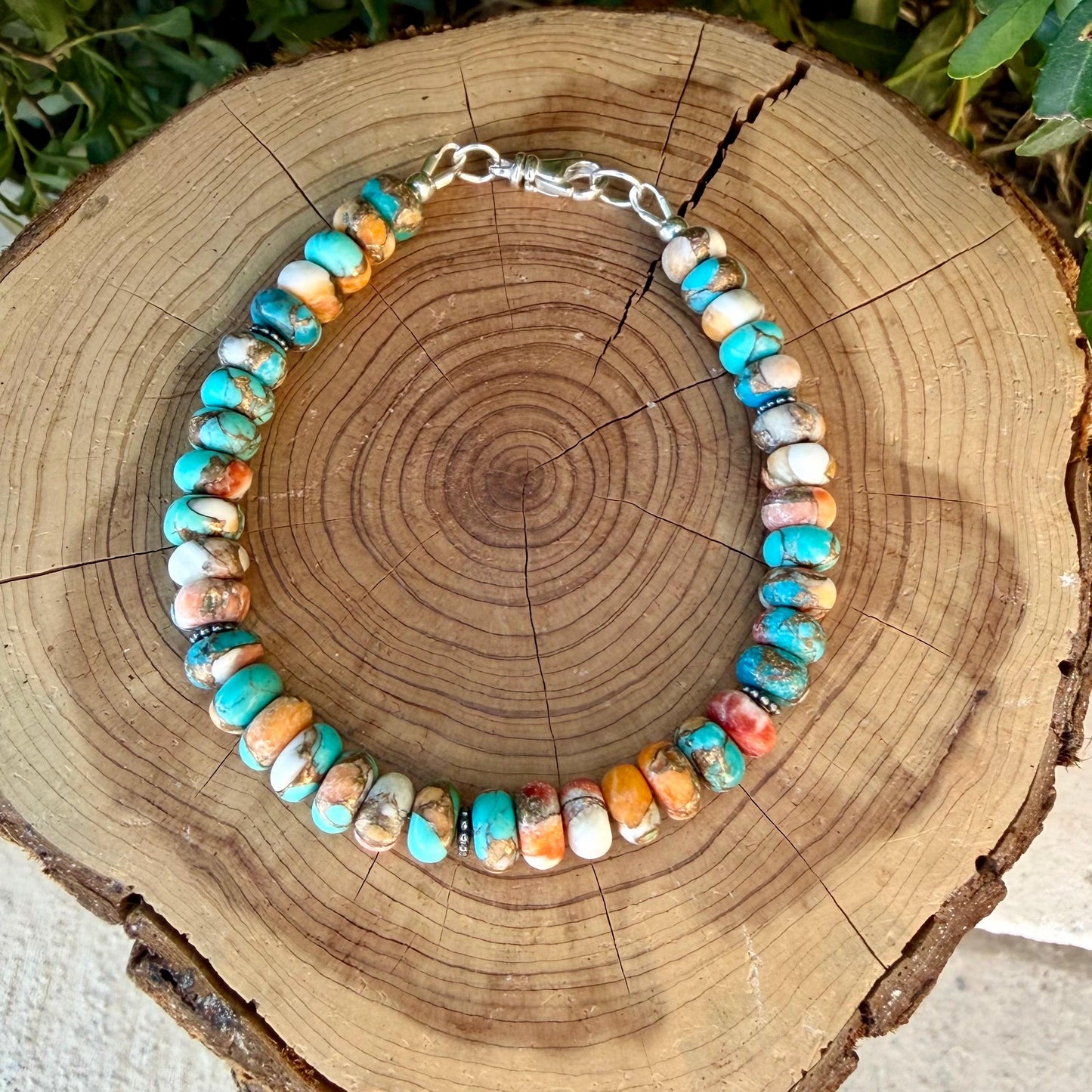 Spiny Oyster Kingman Turquoise Bracelet • Bronze Rondelles • Southwest Jewelry