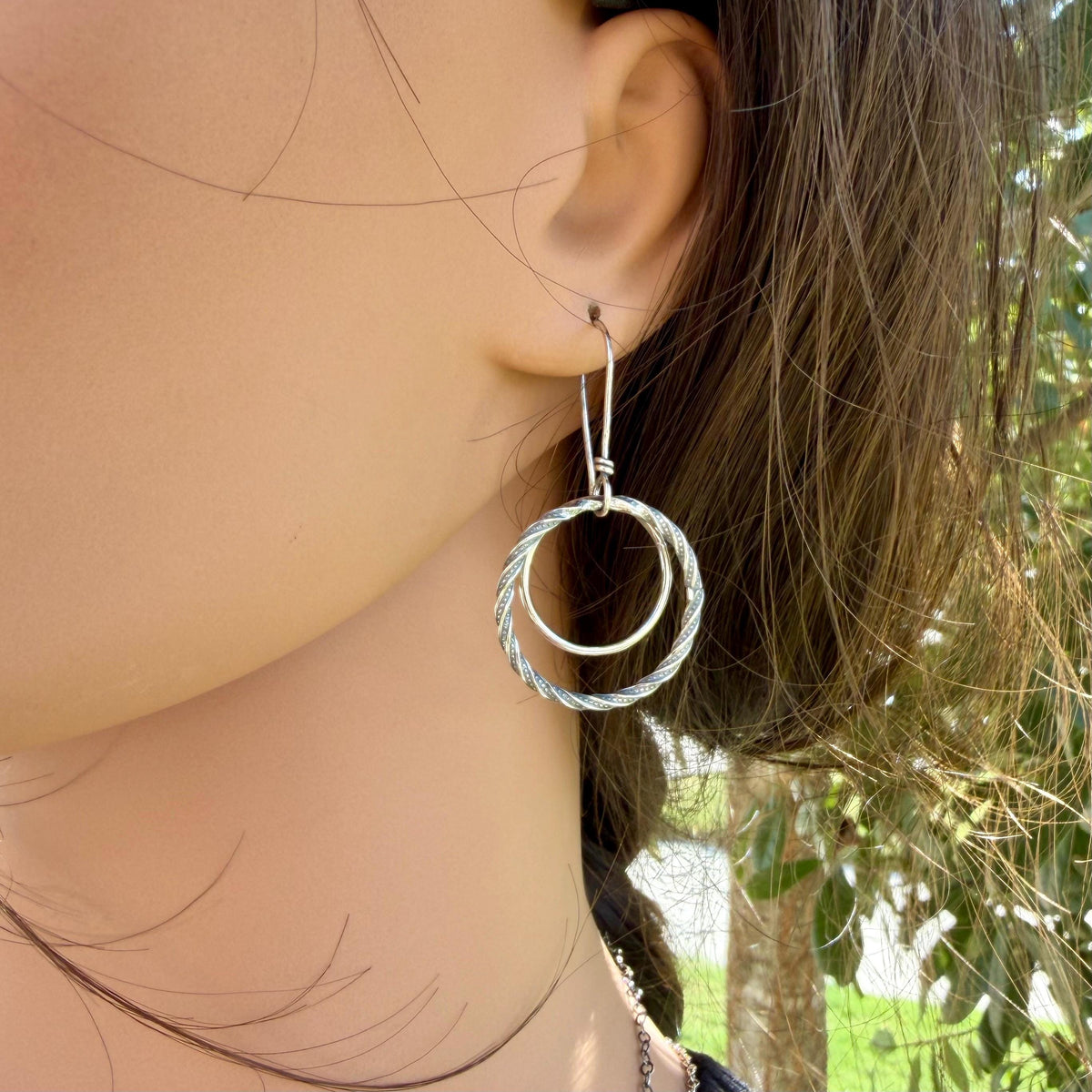 Sterling Silver Double Circle Earrings • Twist Wire • Rustic Dangle