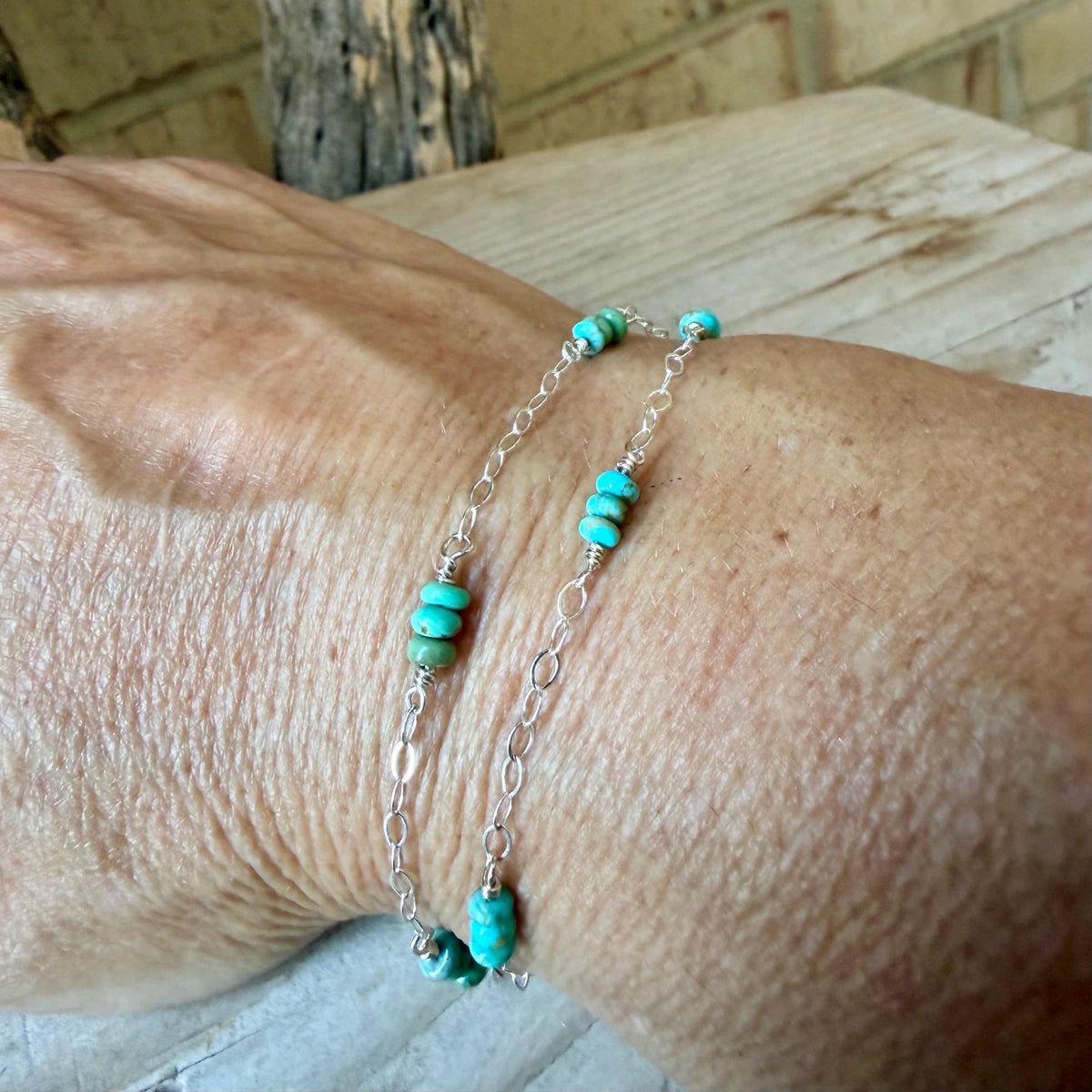 Kingman Turquoise Dainty Chain Bracelet • Sterling Silver • Hand‑Wrapped Turquoise