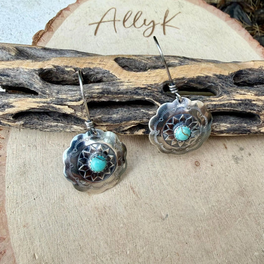 Number 8 Turquoise Concho Earrings | Sterling Silver Western Dangles