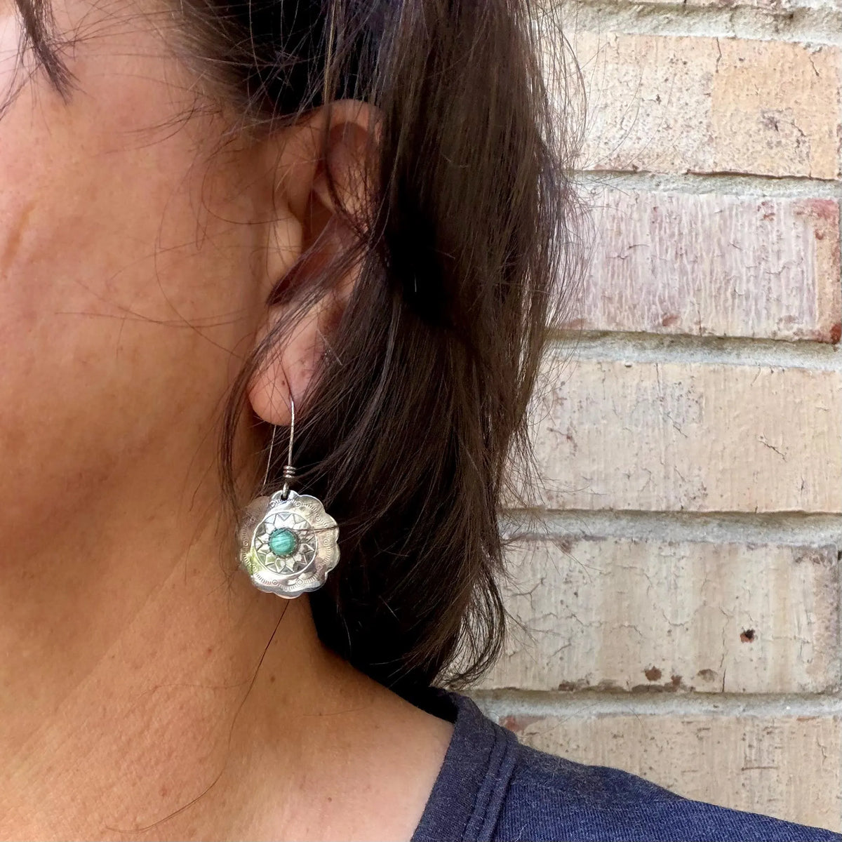 Number 8 Turquoise Concho Earrings | Sterling Silver Western Dangles