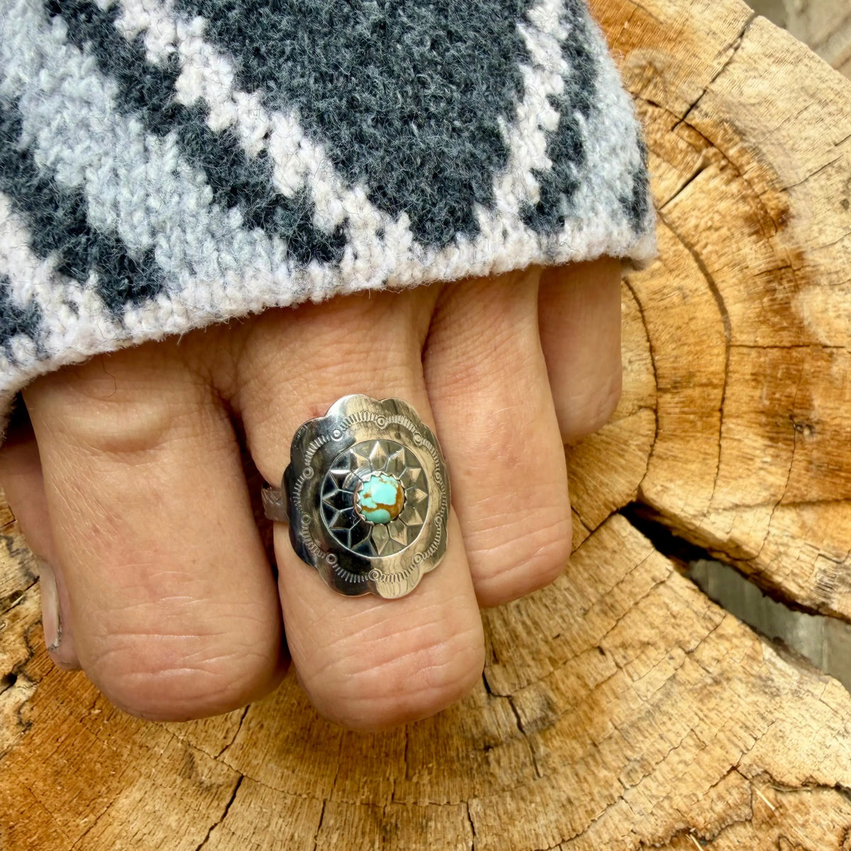 Turquoise Sunflower Concho Sterling Silver Ring • Number 8 Turquoise • Southwestern Band
