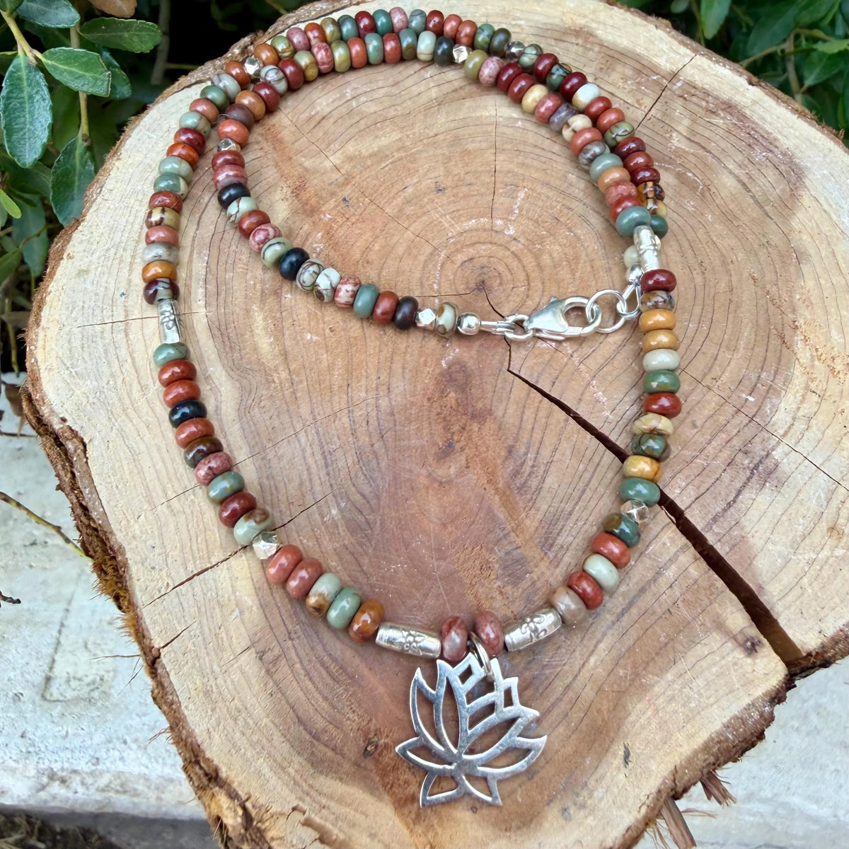 Picasso Jasper Necklace – Lotus Pendant, Sterling Silver Spacers, Custom Length, Artistic Earthy Elegance