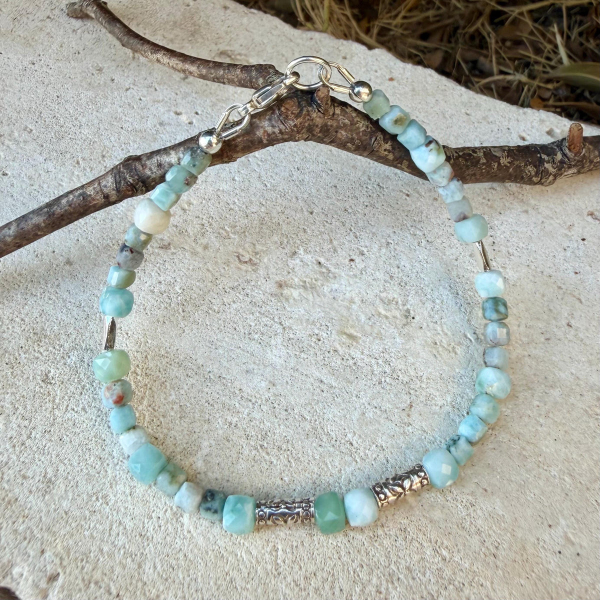 Larimar Bracelet, Rare Caribbean Blue Gemstone, Sterling Silver Bracelet