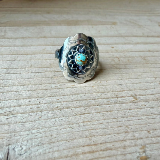 Turquoise Sunflower Concho Sterling Silver Ring • Number 8 Turquoise • Southwestern Band