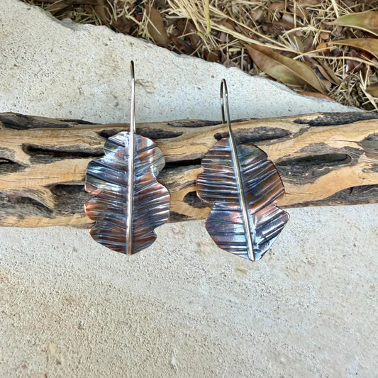 Copper & Silver Leaf Earrings • Mixed Metal Dangle Earrings