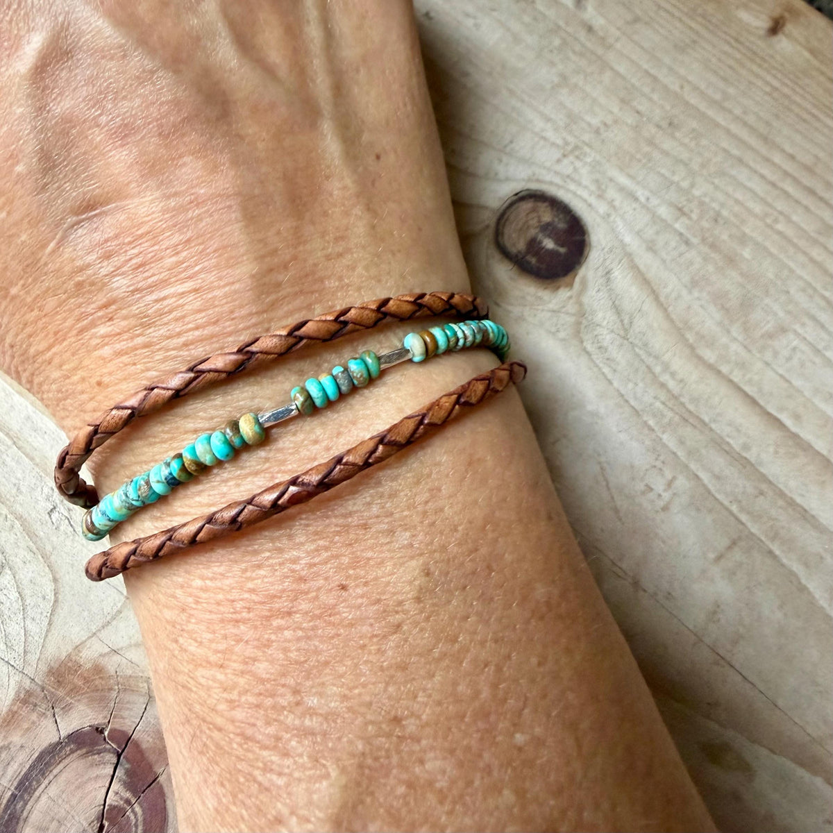 Kingman Turquoise Triple Wrap Bracelet • Braided Leather • Sterling Silver Jewelry