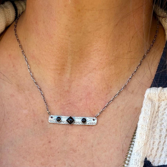 Black Onyx Bar Necklace • Sterling Silver Pendant • Rustic Southwestern Jewelry