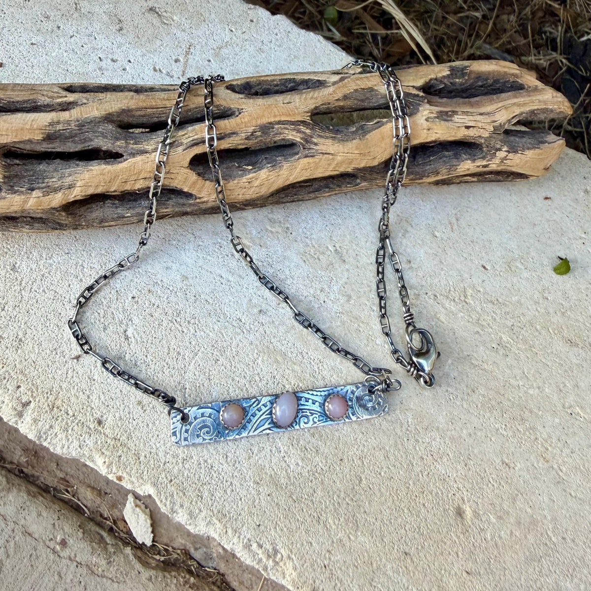 Pink Opal Bar Necklace • Sterling Silver Pendant • Paisley Southwestern Jewelry