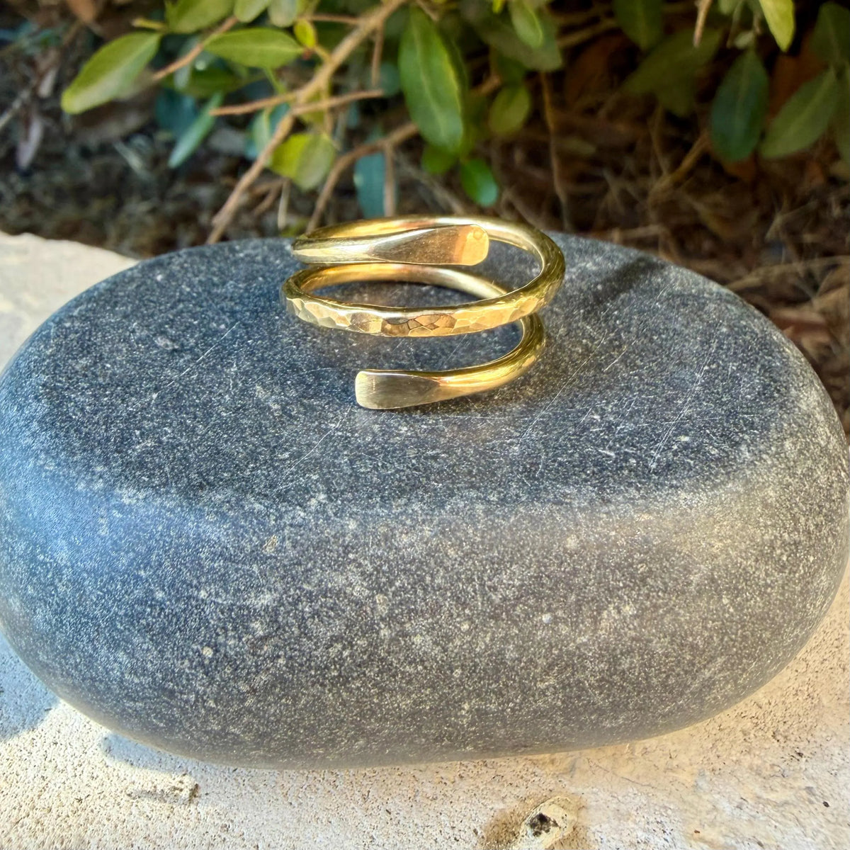Brass Double Coil Ring • Hand‑Forged Bypass Band • Minimalist Gold‑Tone Jewelry