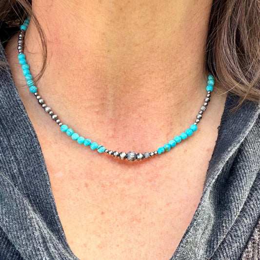 Kingman Turquoise Choker Necklace • Desert Pearls • Sterling Silver • Navajo Pearl Style