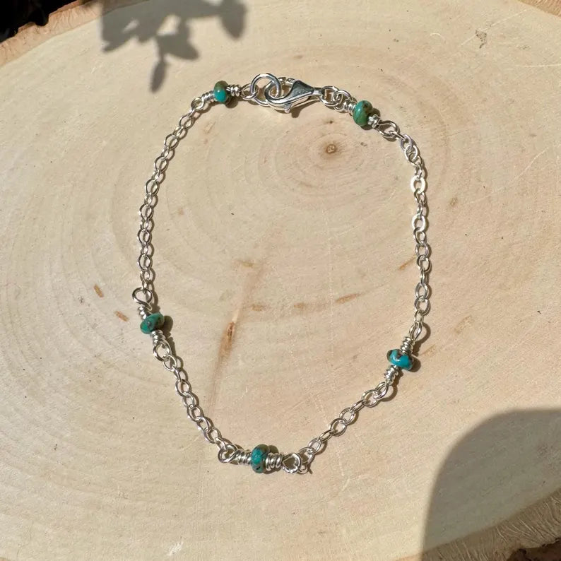 Turquoise Sterling Silver Chain Bracelet • Hand‑Wrapped Gemstone Jewelry