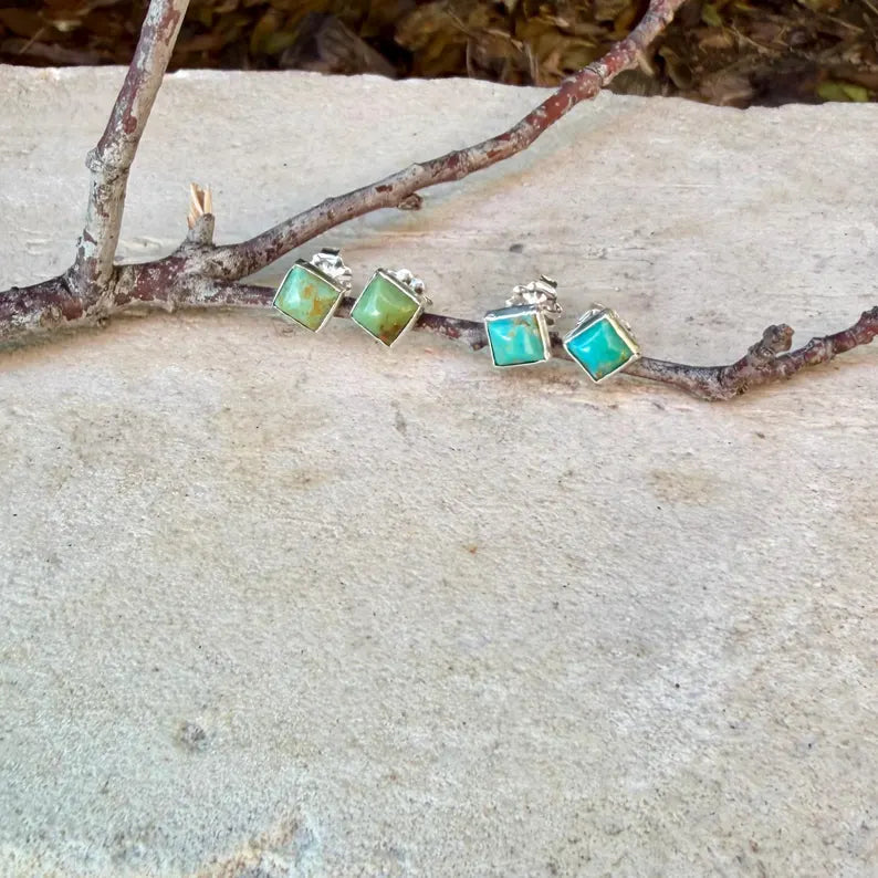 5mm Turquoise Stud Earrings Sterling Silver • Square Kingman Blue or Green Cab Posts