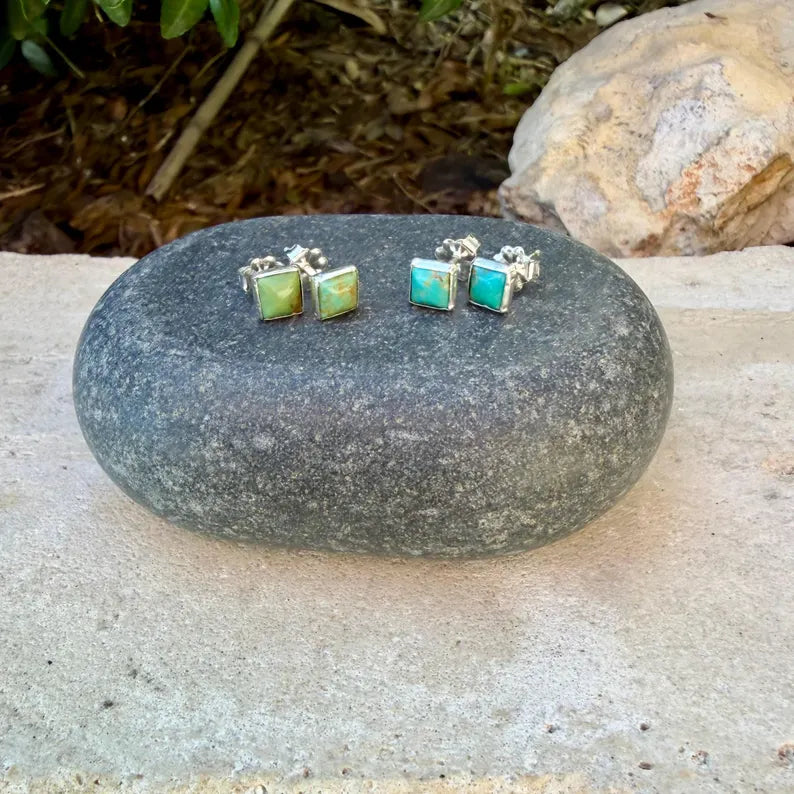 5mm Turquoise Stud Earrings Sterling Silver • Square Kingman Blue or Green Cab Posts