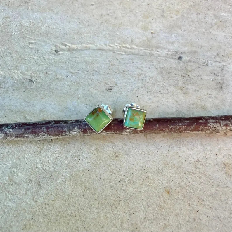 5mm Turquoise Stud Earrings Sterling Silver • Square Kingman Blue or Green Cab Posts