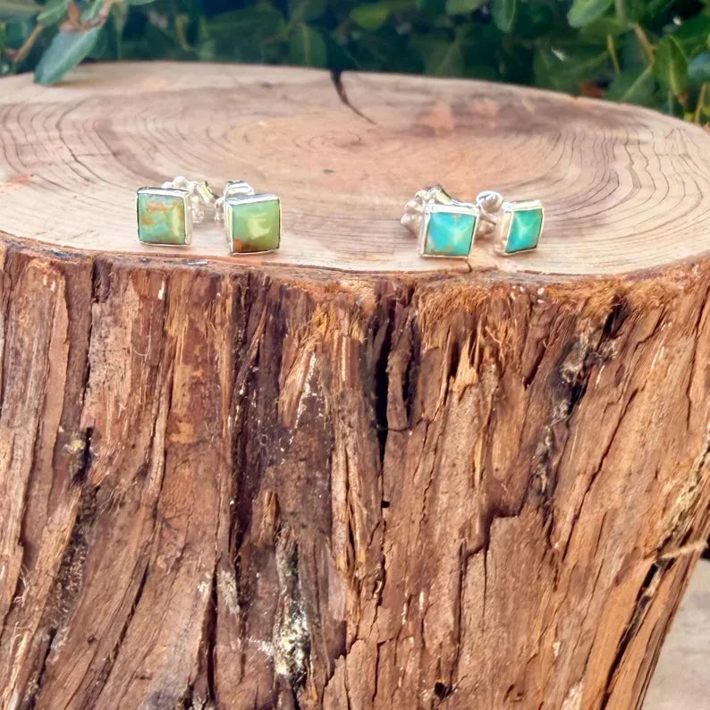 5mm Turquoise Stud Earrings Sterling Silver • Square Kingman Blue or Green Cab Posts