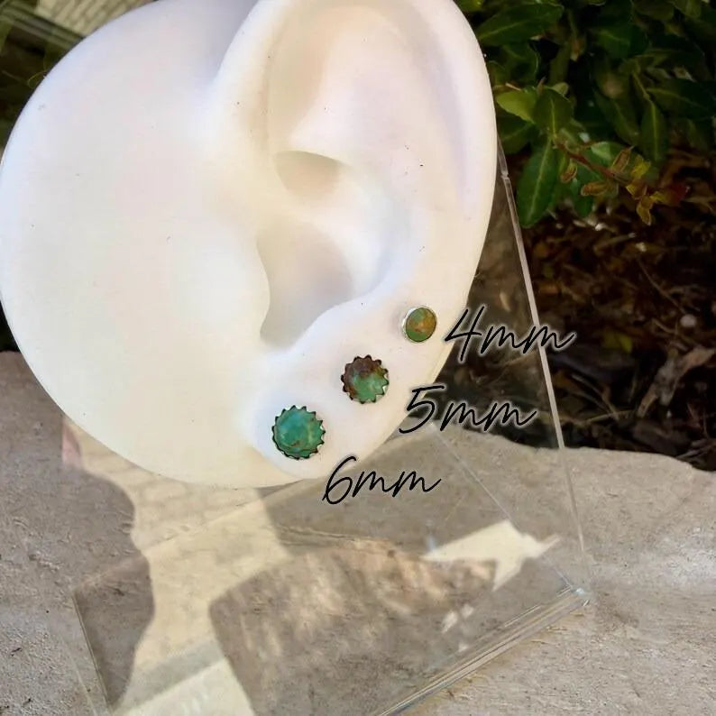 Green Kingman Turquoise Stud Earrings • Sterling Silver Posts • 4mm Cabochons