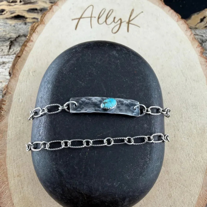 Sterling Silver Turquoise Double Strand Bar Chain Bracelet • Minimal Western Style • Number 8 Turquoise