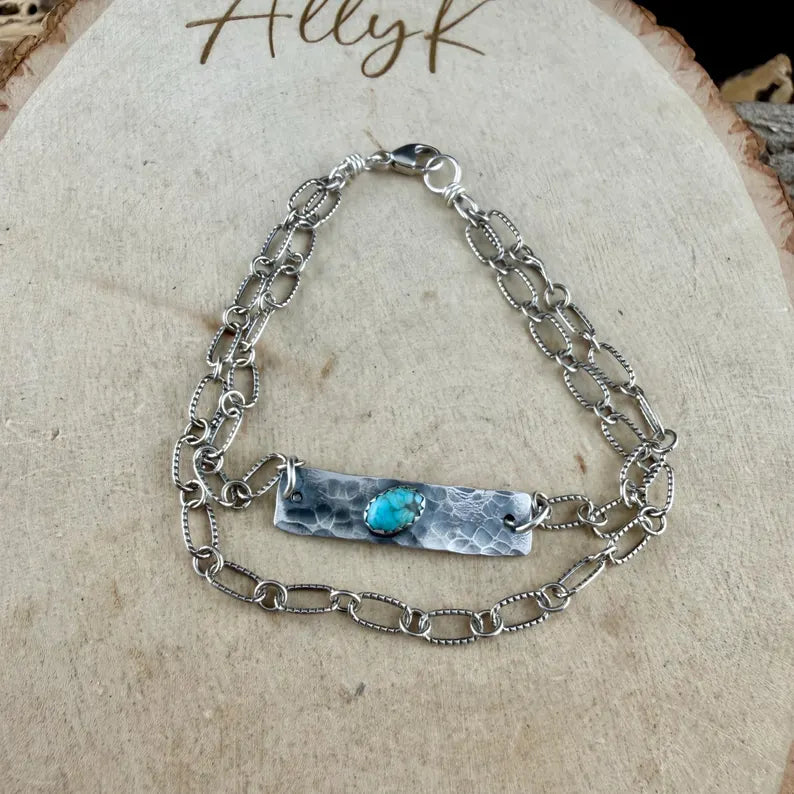 Sterling Silver Turquoise Double Strand Bar Chain Bracelet • Minimal Western Style • Number 8 Turquoise