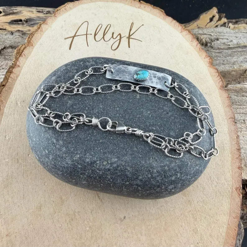 Sterling Silver Turquoise Double Strand Bar Chain Bracelet • Minimal Western Style • Number 8 Turquoise