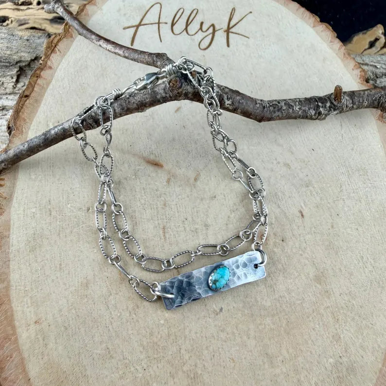 Sterling Silver Turquoise Double Strand Bar Chain Bracelet • Minimal Western Style • Number 8 Turquoise