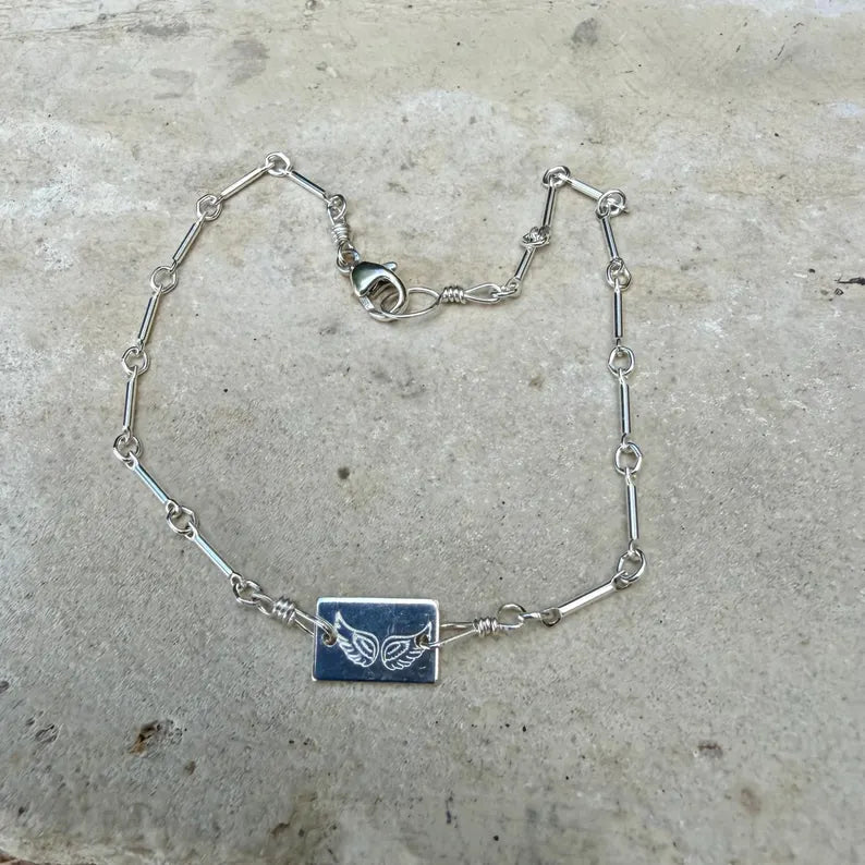 Sterling Silver Tiny Wing Ankle Bracelet• Bar & Ring Chain Anklet