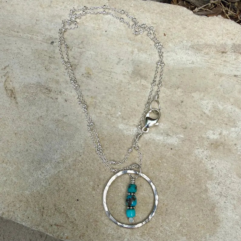 Arizona Blue Turquoise Circle Pendant Necklace • Sterling Silver • Southwestern Jewelry