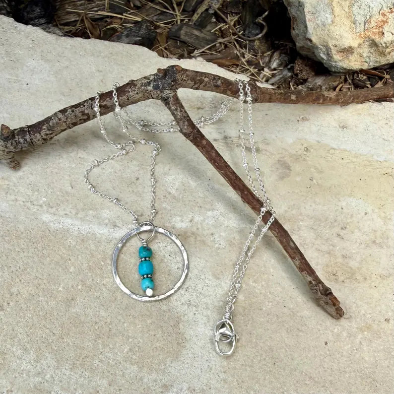 Arizona Blue Turquoise Circle Pendant Necklace • Sterling Silver • Southwestern Jewelry