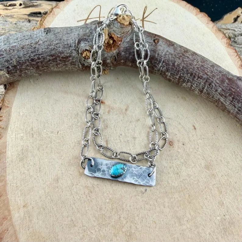 Sterling Silver Turquoise Double Strand Bar Chain Bracelet • Minimal Western Style • Number 8 Turquoise