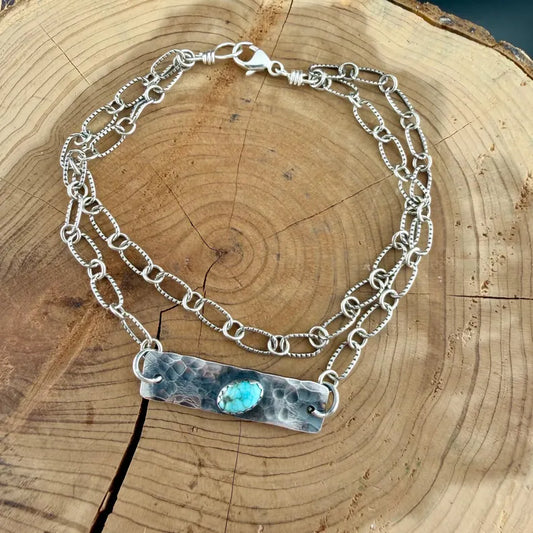 Sterling Silver Turquoise Double Strand Bar Chain Bracelet • Minimal Western Style • Number 8 Turquoise