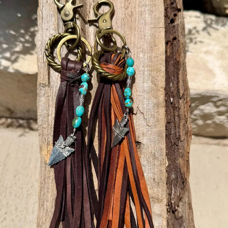 Leather Tassel Keychain • Kingman Turquoise & Arrowhead • Western Accent