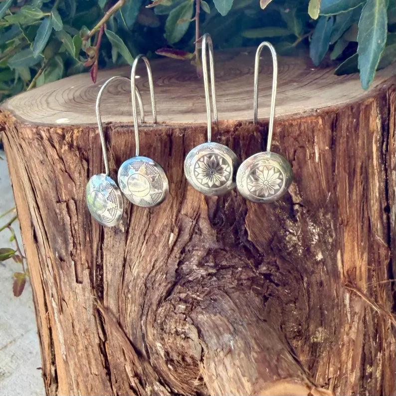 Sterling Silver Concho Earrings • Sunflower or Starburst Dangle Drops • Argentium Ear Wires 18g 20g
