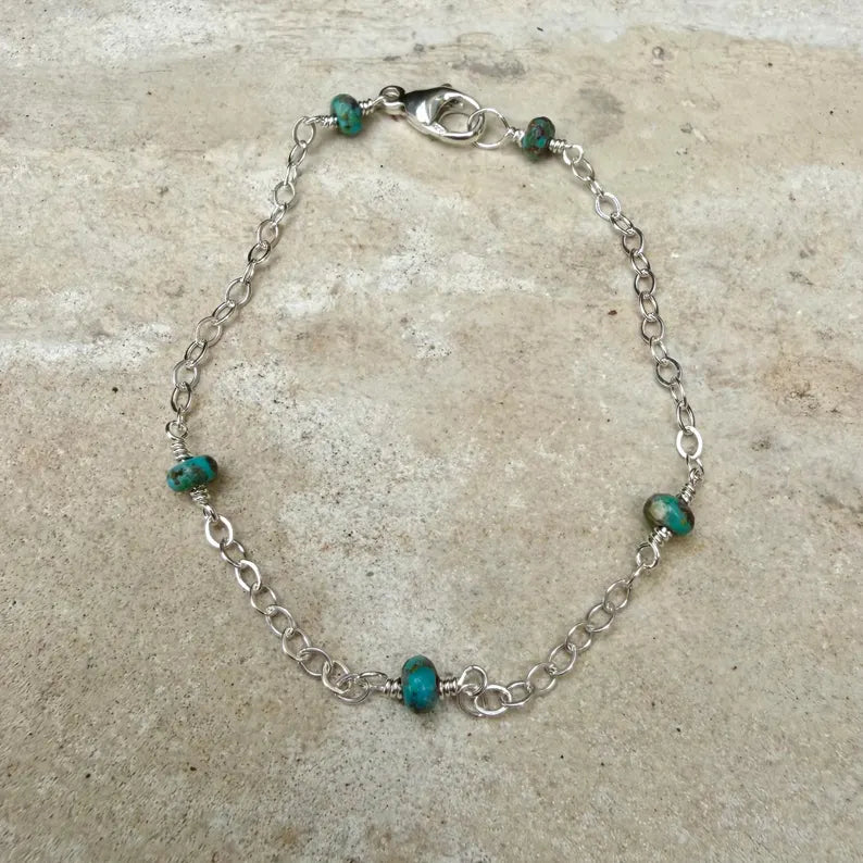 Turquoise Sterling Silver Chain Bracelet • Hand‑Wrapped Gemstone Jewelry