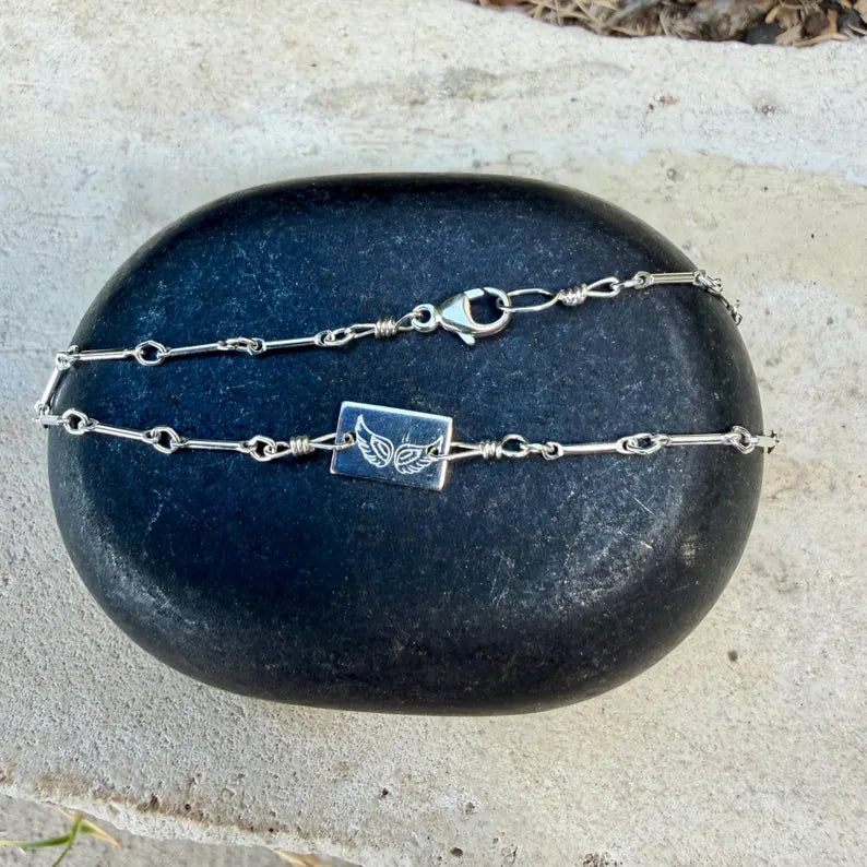 Sterling Silver Tiny Wing Ankle Bracelet• Bar & Ring Chain Anklet