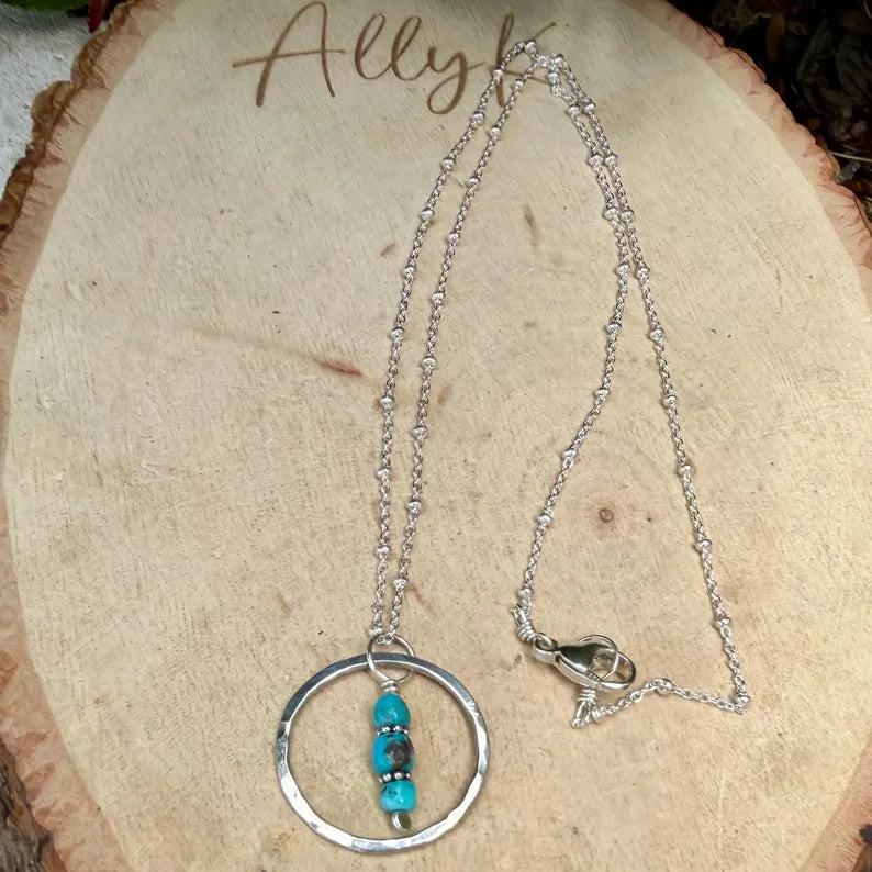 Arizona Blue Turquoise Circle Pendant Necklace • Sterling Silver • Southwestern Jewelry