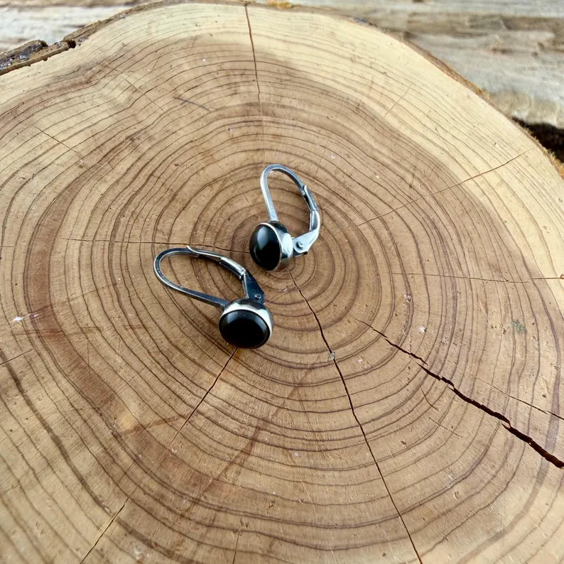 Sterling Silver Lever-Back Black Onyx Earrings • 6mm Round Cabochon • Minimalist Style