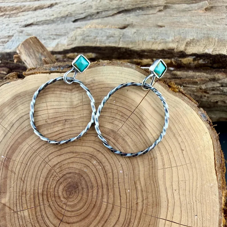 Turquoise Post Hoop Earrings • Sterling Silver • Kingman Blue or Green Square Turquoise